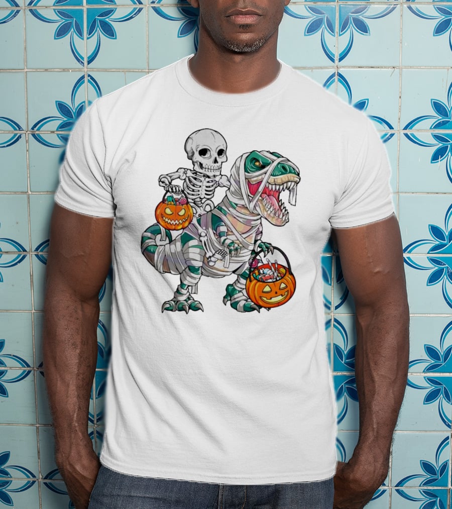 Spooky Saurus Rex Skeleton With Halloween Pumpkin Duo T-Shirt