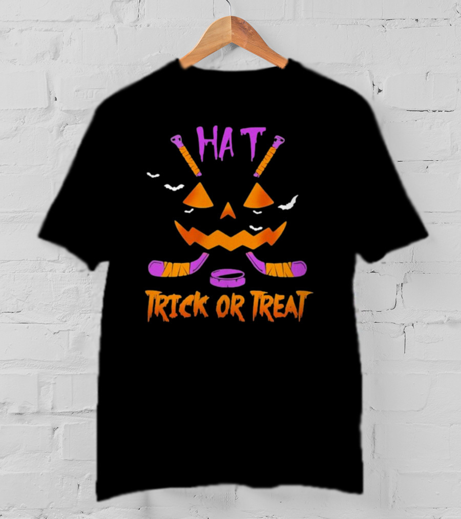 Hockey Hat Trick Or Treat Halloween Pumpkin With Hockey Sticks T-Shirt