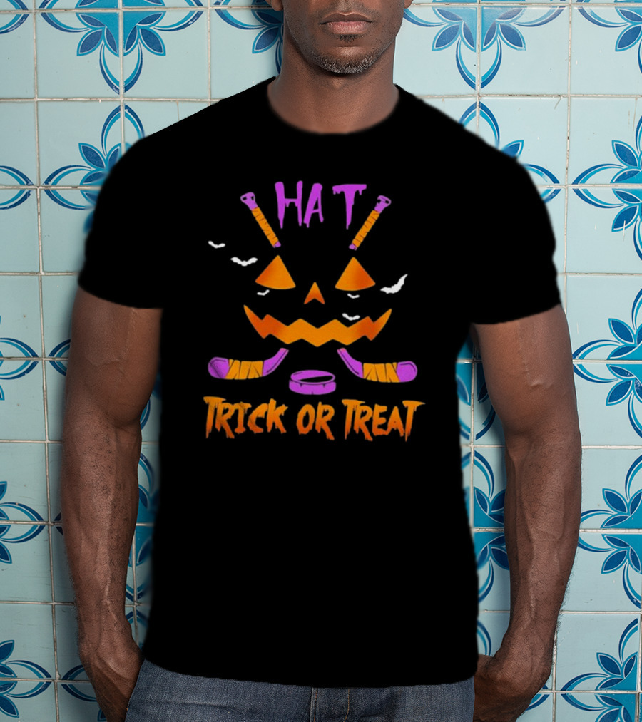 Hockey Hat Trick Or Treat Halloween Pumpkin With Hockey Sticks T-Shirt