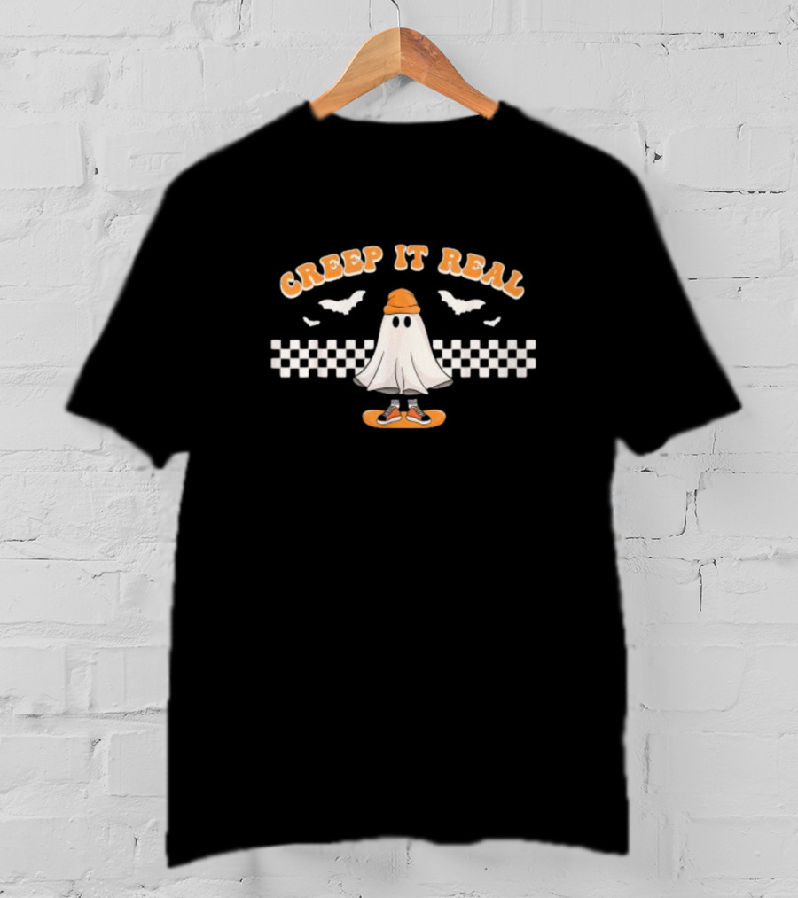 Creep It Real Ghost Skater Halloween Checkerboard Bats T-Shirt