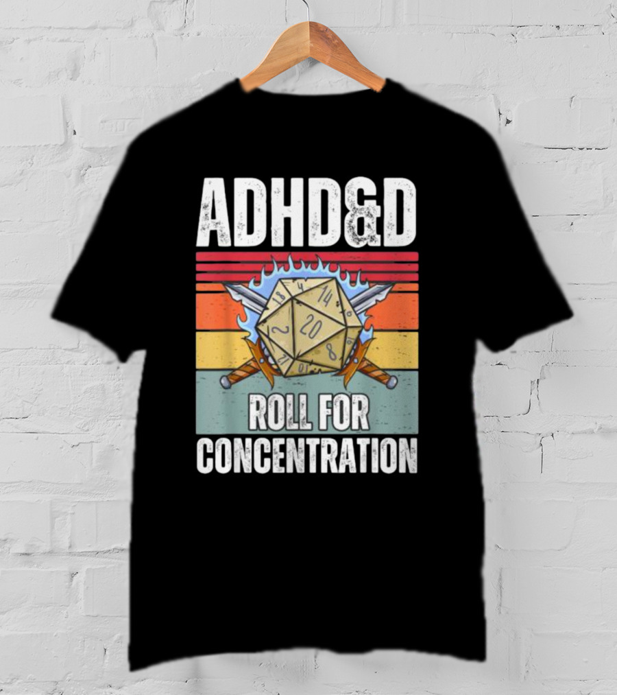 ADHD&D Roll For Concentration Retro Dice Sword Gamer T-Shirt