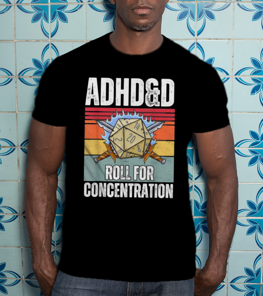 ADHD&D Roll For Concentration Retro Dice Sword Gamer T-Shirt
