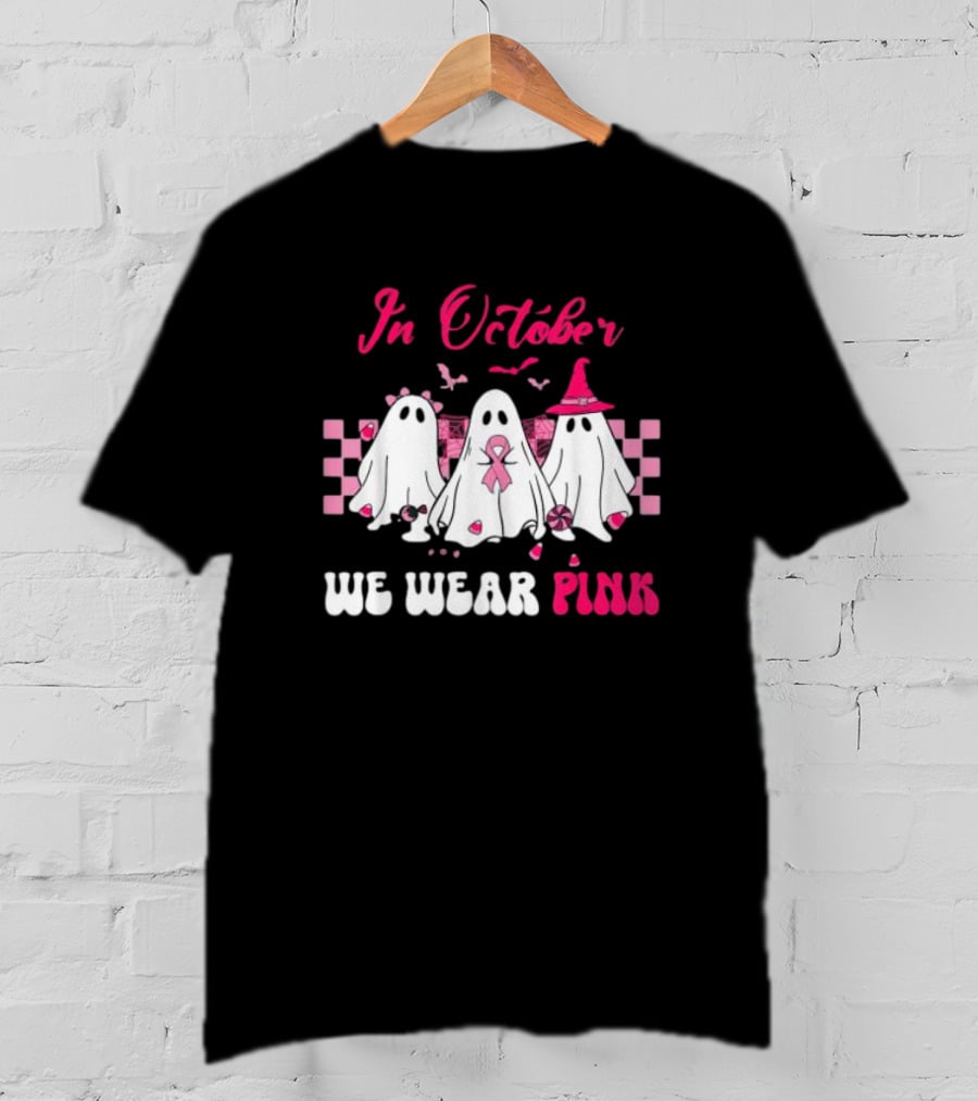 In October We Wear Pink Breast Cancer Ghost Halloween Groovy T-Shirt