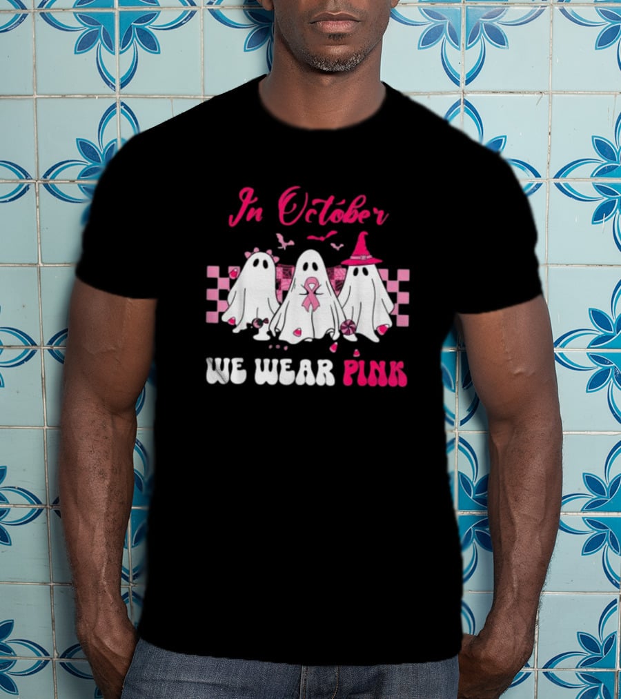 In October We Wear Pink Breast Cancer Ghost Halloween Groovy T-Shirt