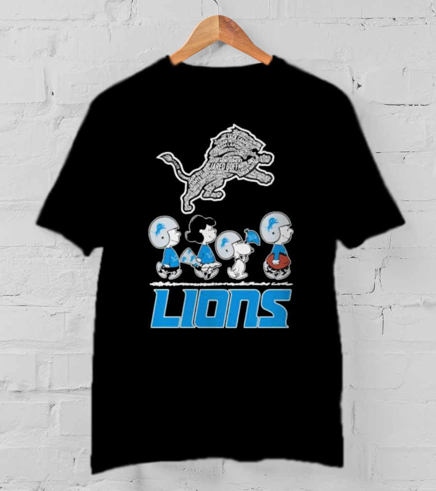 Peanuts Characters Walking Detroit Lions Jared Goff T-Shirt