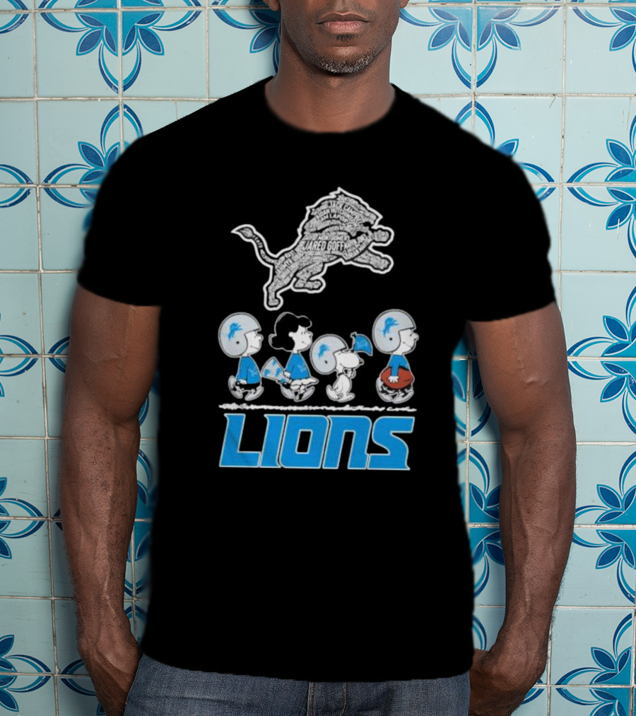 Peanuts Characters Walking Detroit Lions Jared Goff T-Shirt