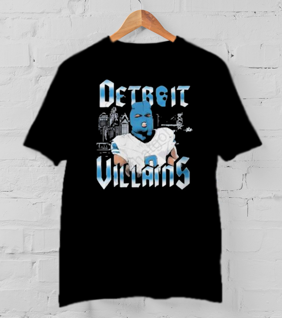 Detroit Villains Football Blue Masked Player Featuring City Skyline T-Shirt