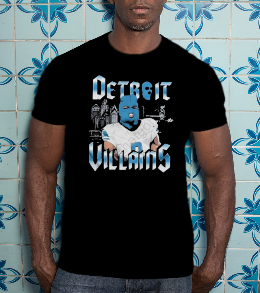 Detroit Villains Football Blue Masked Player Featuring City Skyline T-Shirt