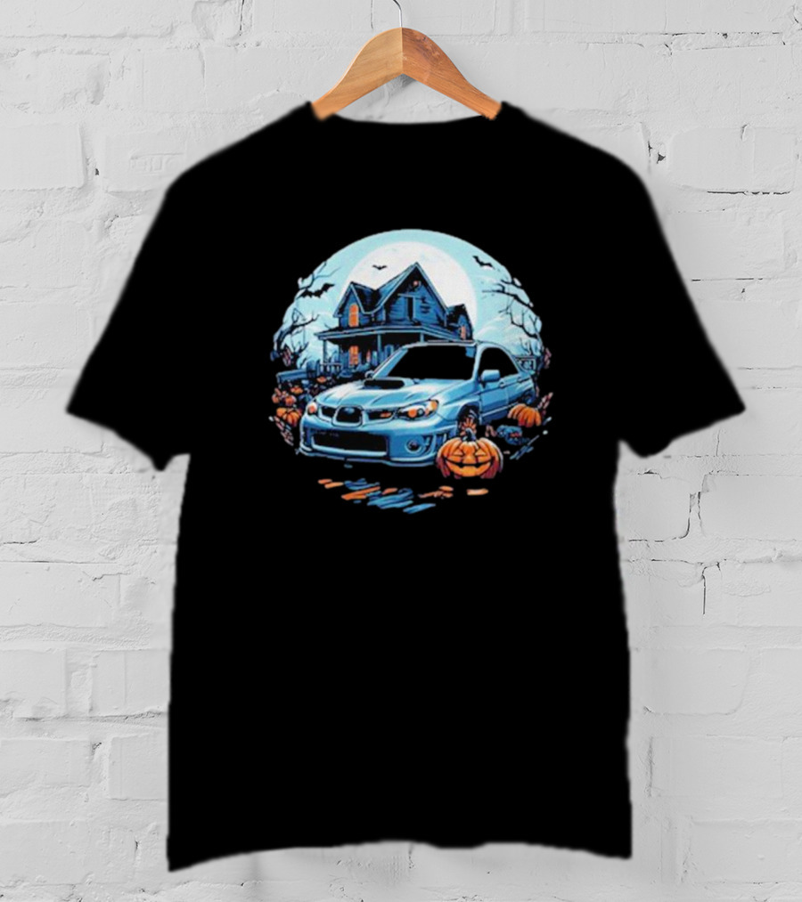 The Car Scene Network Halloween Haunted House With Pumpkins And Bats T-Shirt