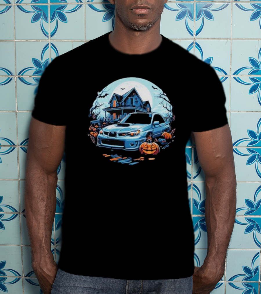 The Car Scene Network Halloween Haunted House With Pumpkins And Bats T-Shirt