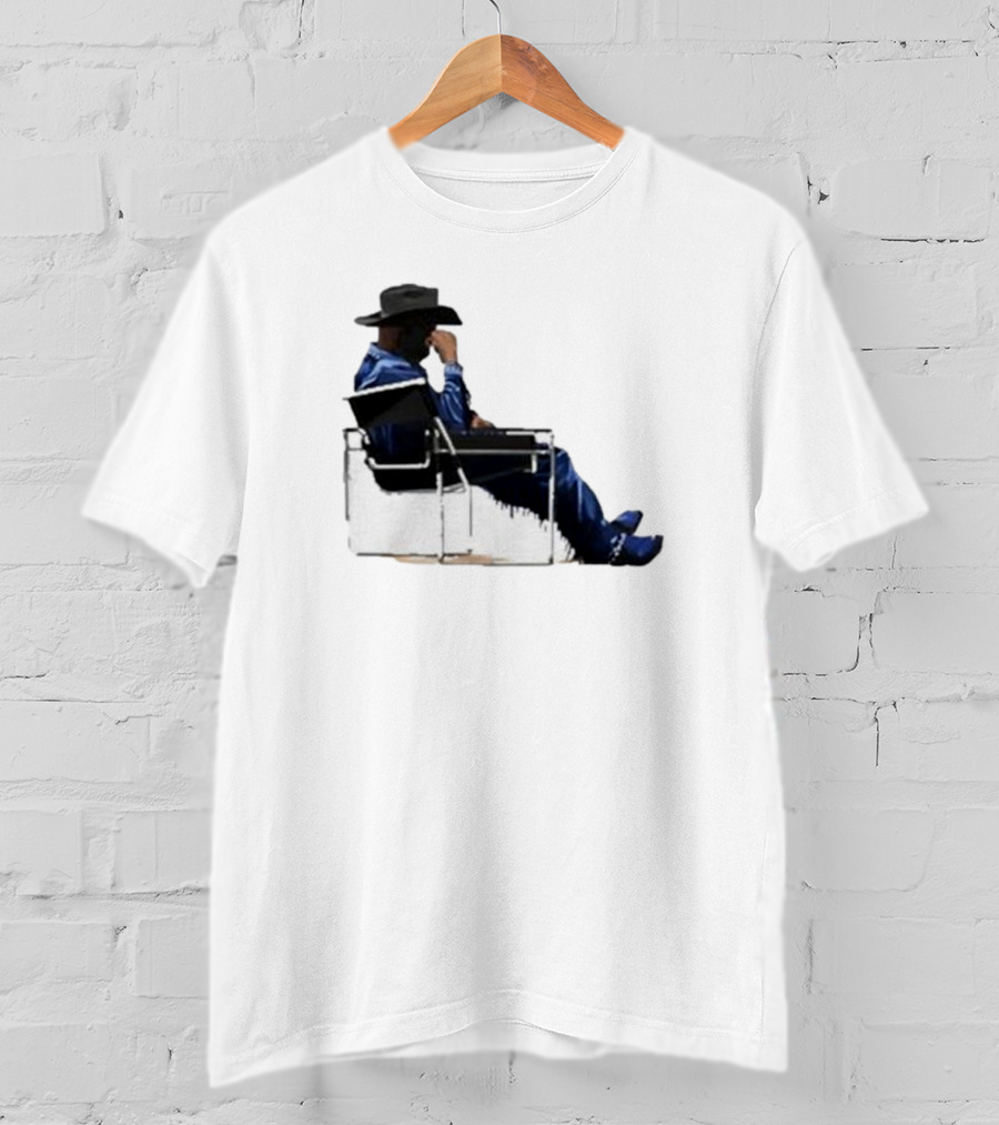Bad Bunny Sitting Cowboy Chair Black Hat Blue T-Shirt
