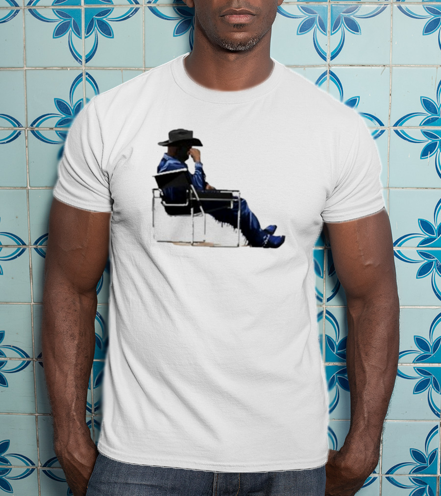 Bad Bunny Sitting Cowboy Chair Black Hat Blue T-Shirt