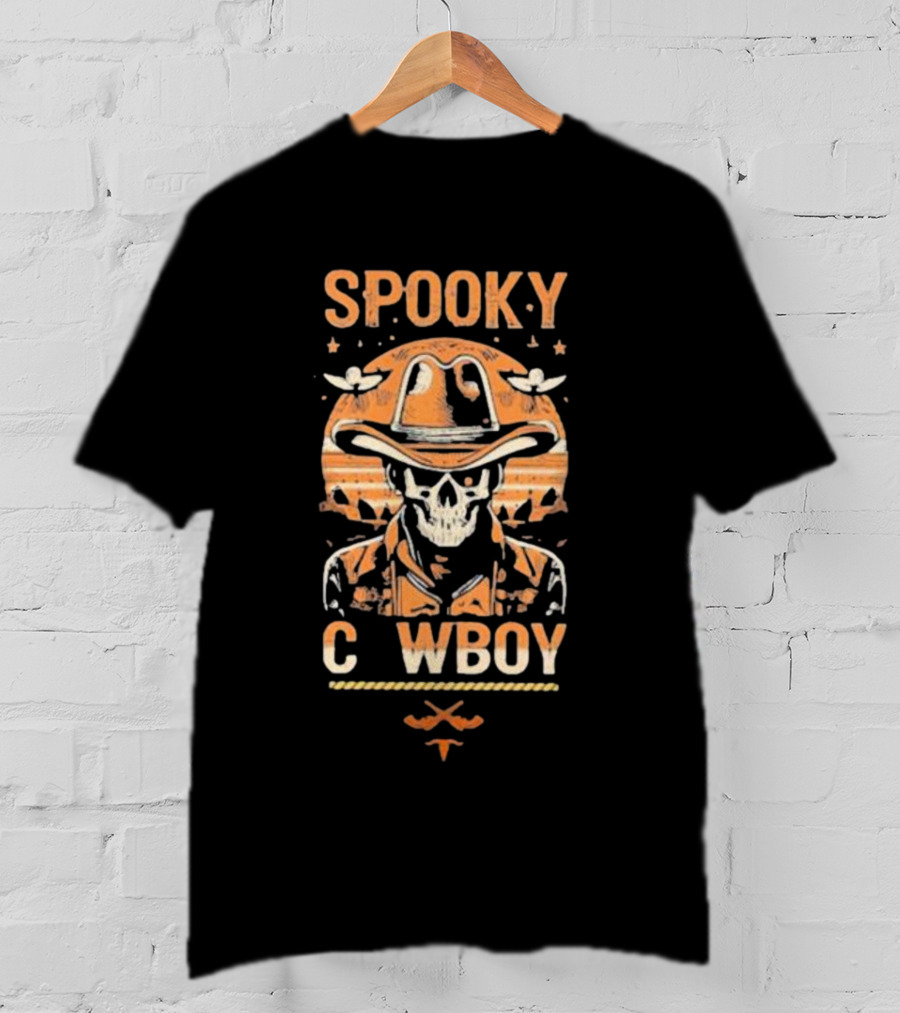Spooky Cowboy Skeleton Skull In Hat With Sunset Trick Or Treat Halloween T-Shirt