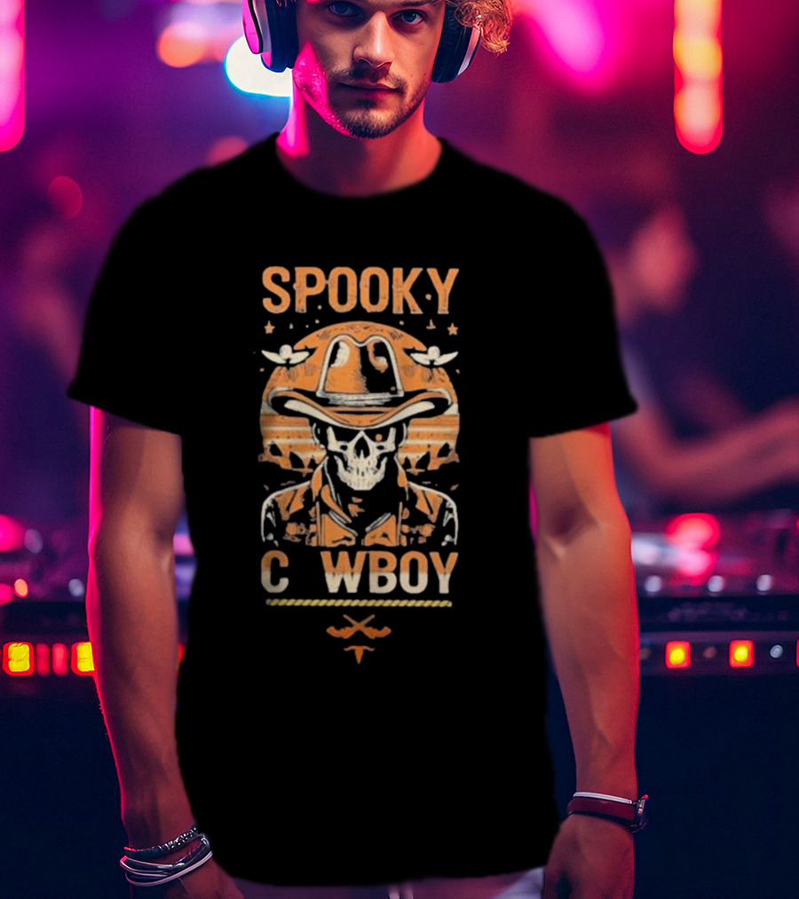 Spooky Cowboy Skeleton Skull In Hat With Sunset Trick Or Treat Halloween T-Shirt