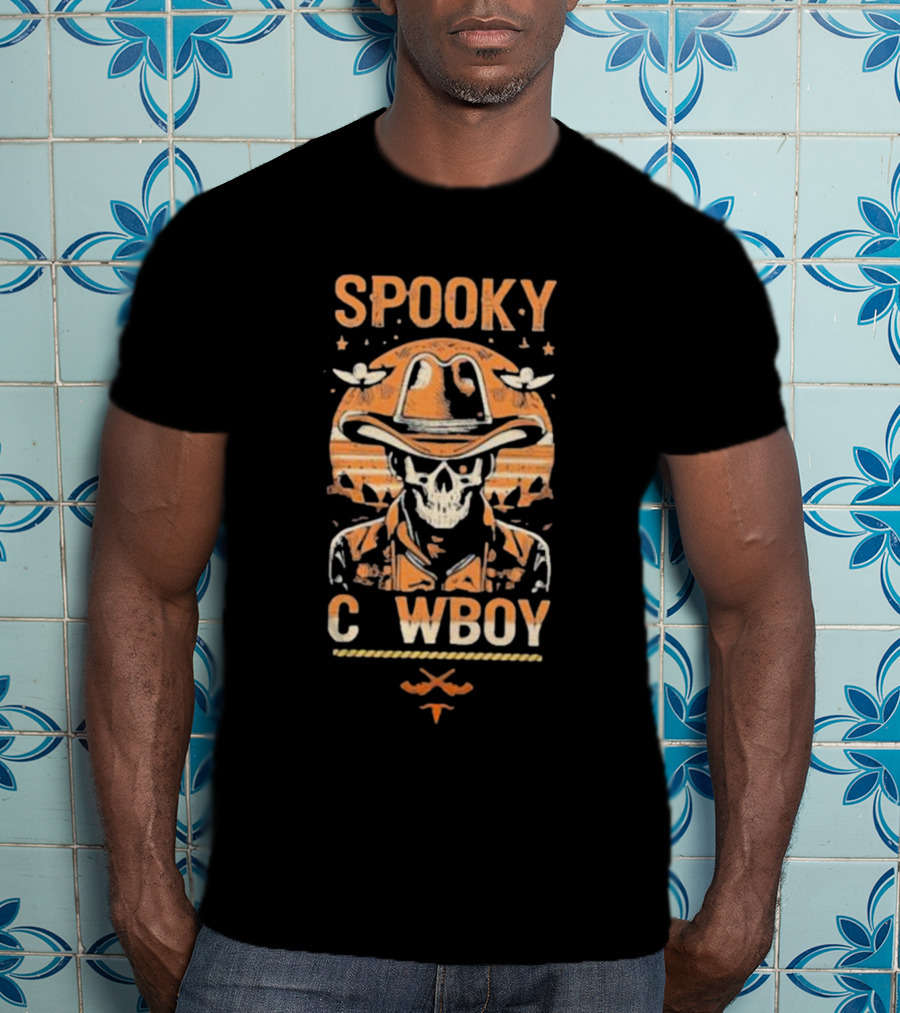 Spooky Cowboy Skeleton Skull In Hat With Sunset Trick Or Treat Halloween T-Shirt