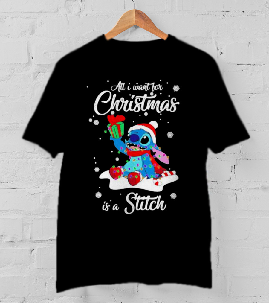 All I Want For Christmas Is A Stitch With Present And Snowflakes T-Shirt