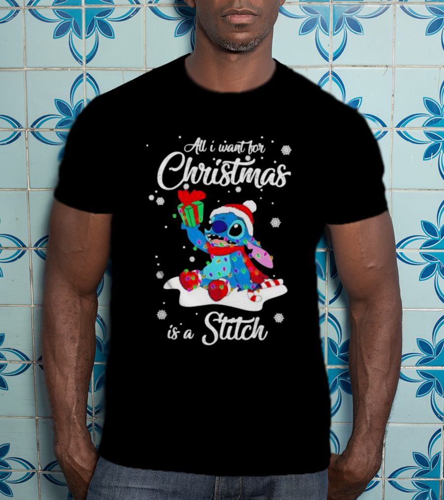 All I Want For Christmas Is A Stitch With Present And Snowflakes T-Shirt