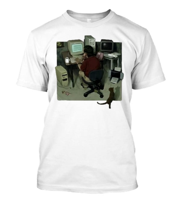 Ollie Jones Freelancer At Computer With Cat In Home Office Scene T-Shirt