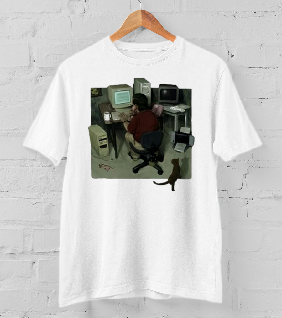 Ollie Jones Freelancer At Computer With Cat In Home Office Scene T-Shirt