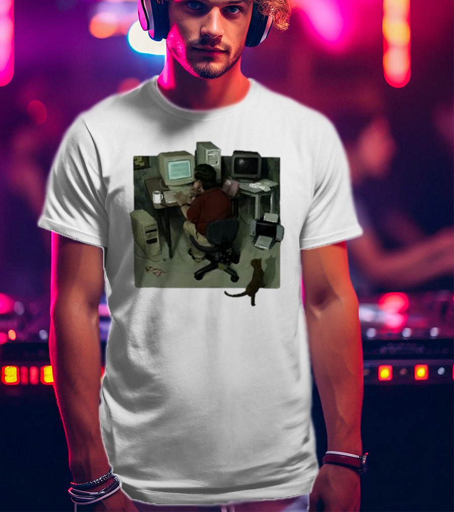 Ollie Jones Freelancer At Computer With Cat In Home Office Scene T-Shirt