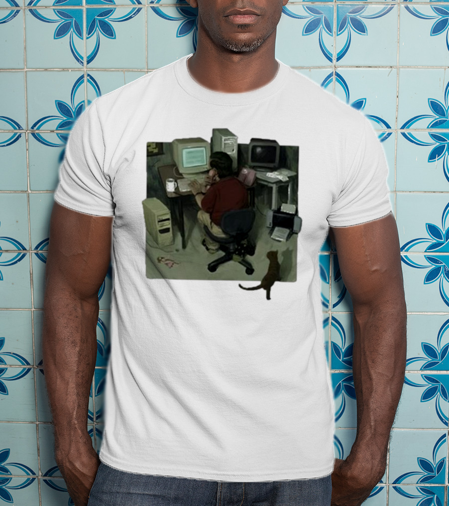 Ollie Jones Freelancer At Computer With Cat In Home Office Scene T-Shirt