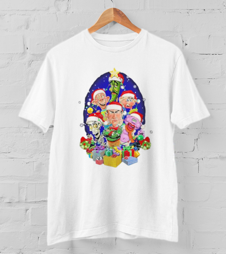 Jeff Dunham Christmas Characters With Santa Hats And Gifts Snow Merry Christmas T-Shirt