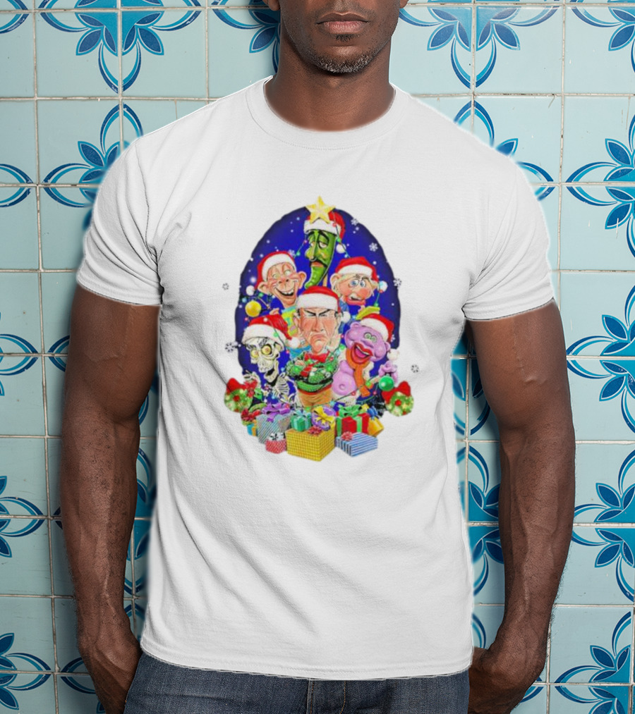 Jeff Dunham Christmas Characters With Santa Hats And Gifts Snow Merry Christmas T-Shirt