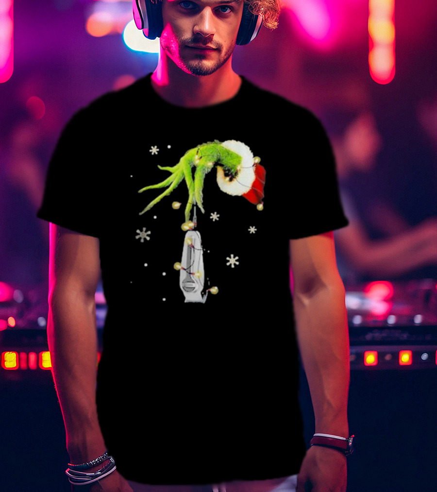 Grinch Christmas Hand Holding Clipper Snowflakes Santa Hat T-Shirt
