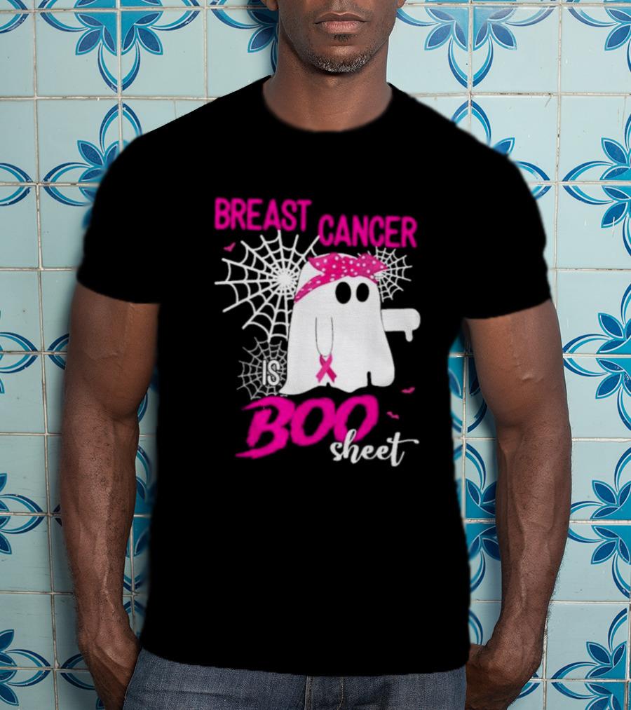 Breast Cancer Is Boo Sheet Halloween Ghost With Pink Ribbon And Spider Webs T-Shirt