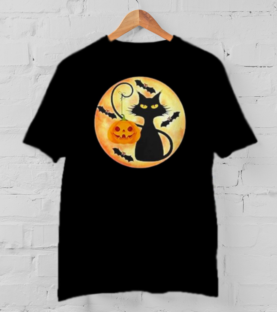 Funny Pumpkin Black Cat Halloween Witch Bat Moon T-Shirt
