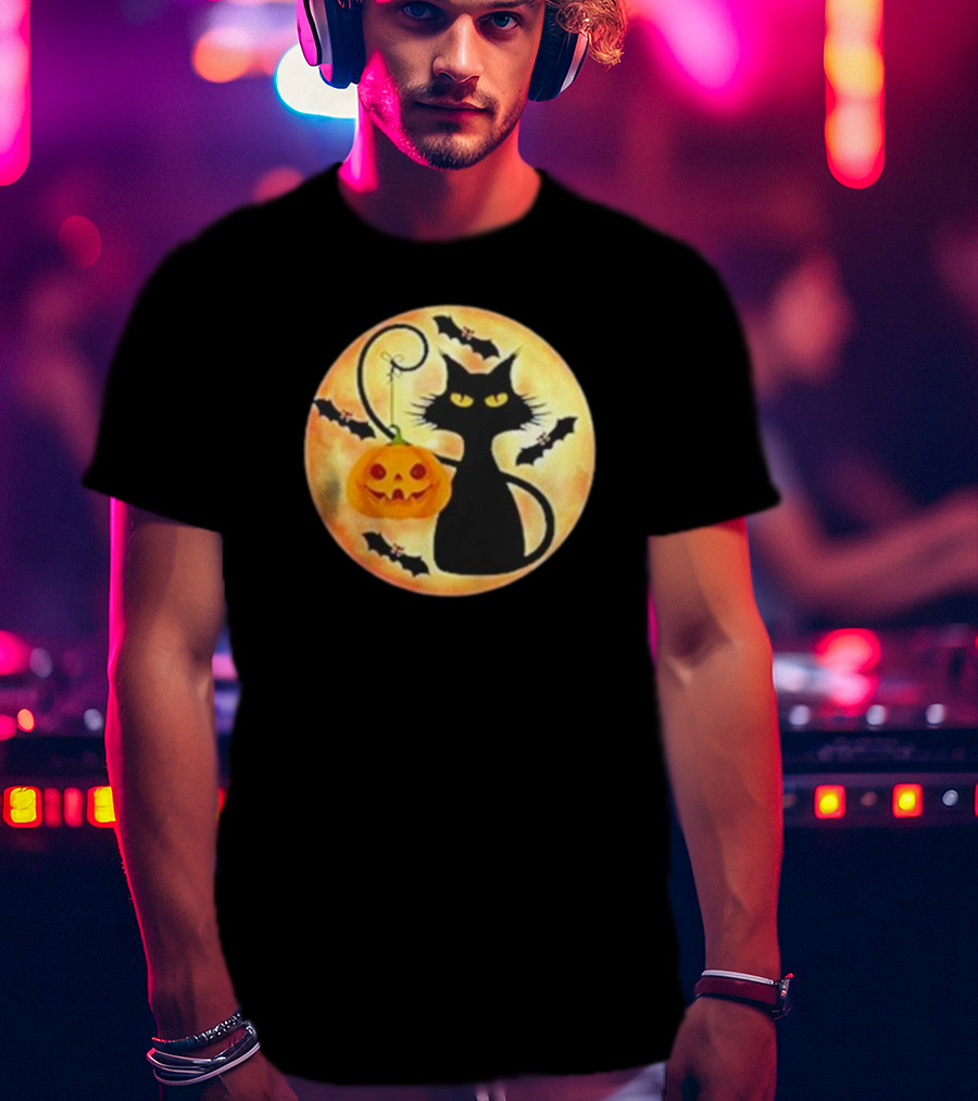 Funny Pumpkin Black Cat Halloween Witch Bat Moon T-Shirt