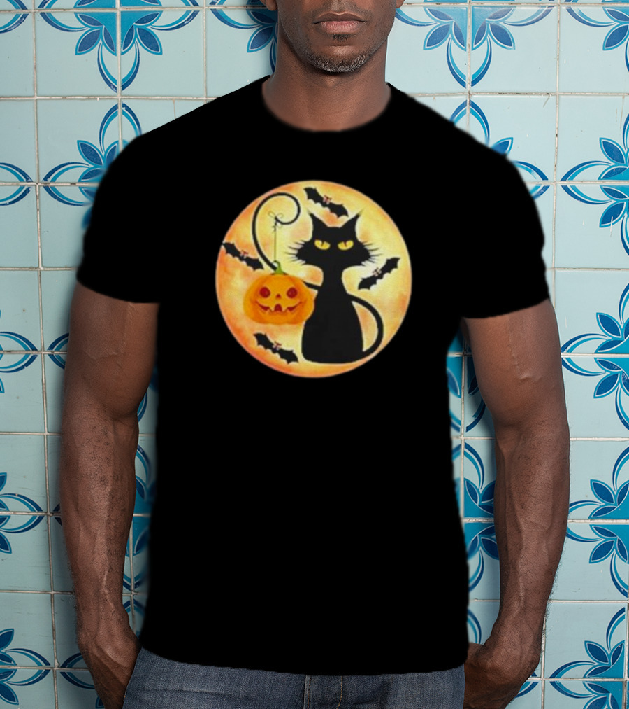 Funny Pumpkin Black Cat Halloween Witch Bat Moon T-Shirt