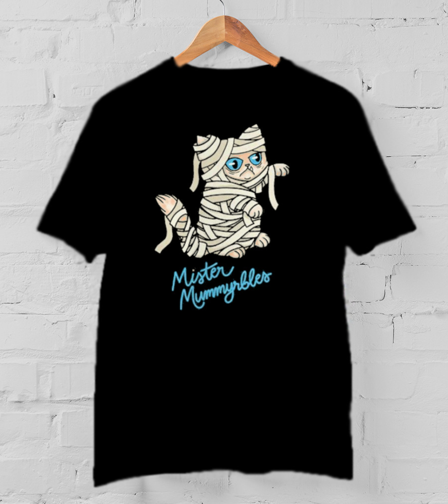 Lilbub Mister Mummyrbles Wrapped Cat With Blue Text T-Shirt