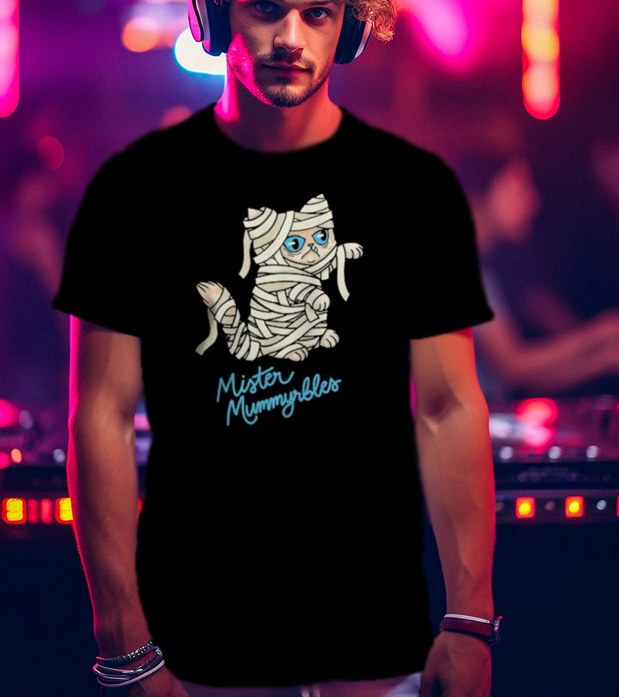 Lilbub Mister Mummyrbles Wrapped Cat With Blue Text T-Shirt