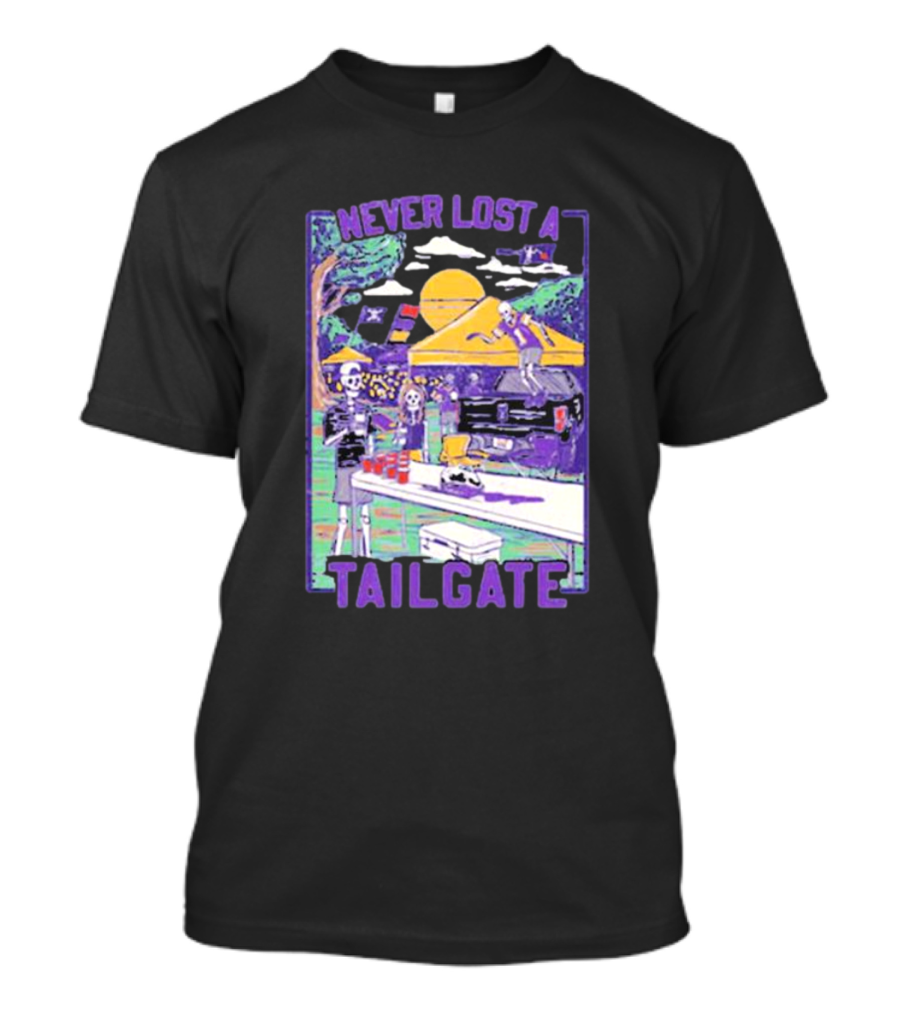 Never Lost A Tailgate Vintage Skeletons Under Yellow Tent With Sunset And Flags T-Shirt