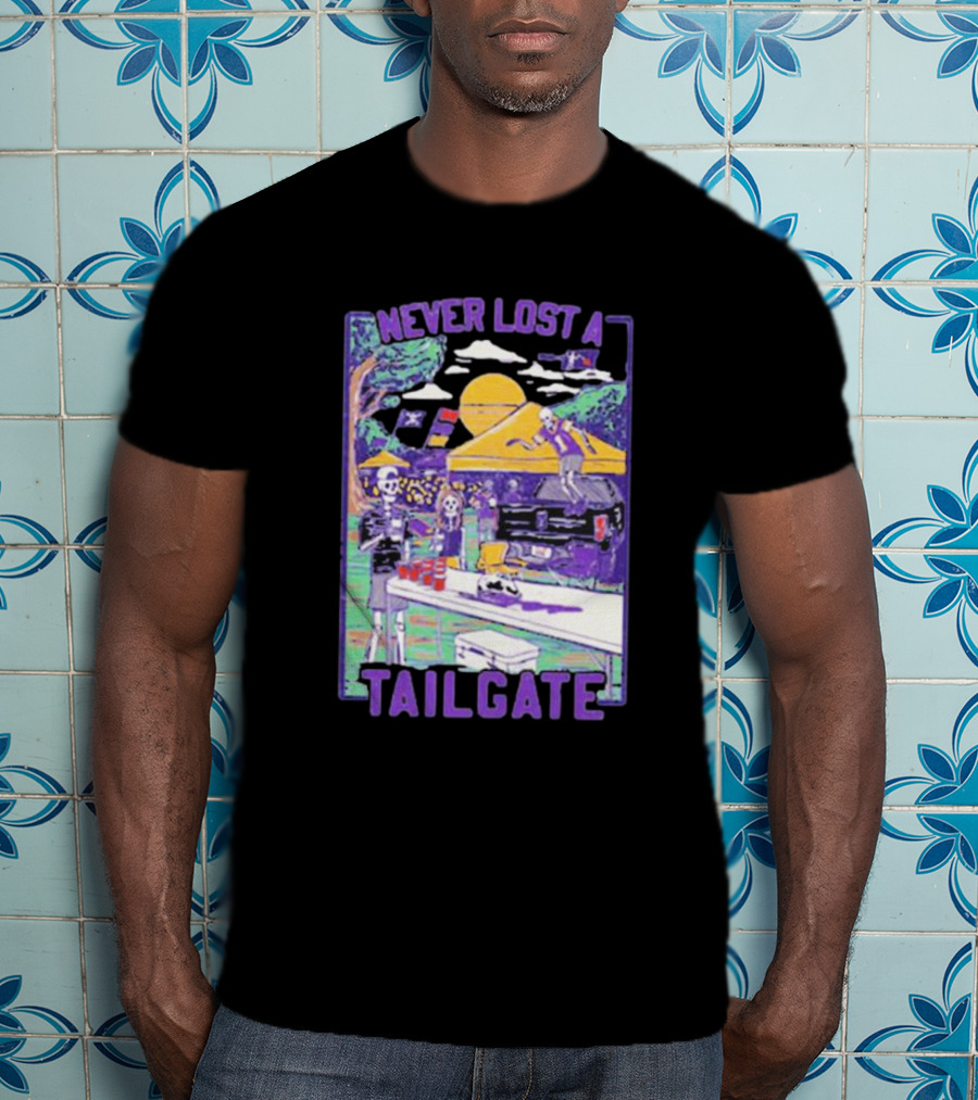 Never Lost A Tailgate Vintage Skeletons Under Yellow Tent With Sunset And Flags T-Shirt