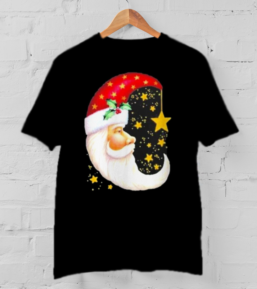 Christmas Santa Crescent Moon Starry Hat Print Crew Neck T-Shirt