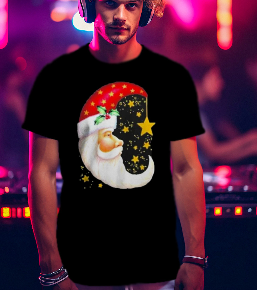 Christmas Santa Crescent Moon Starry Hat Print Crew Neck T-Shirt