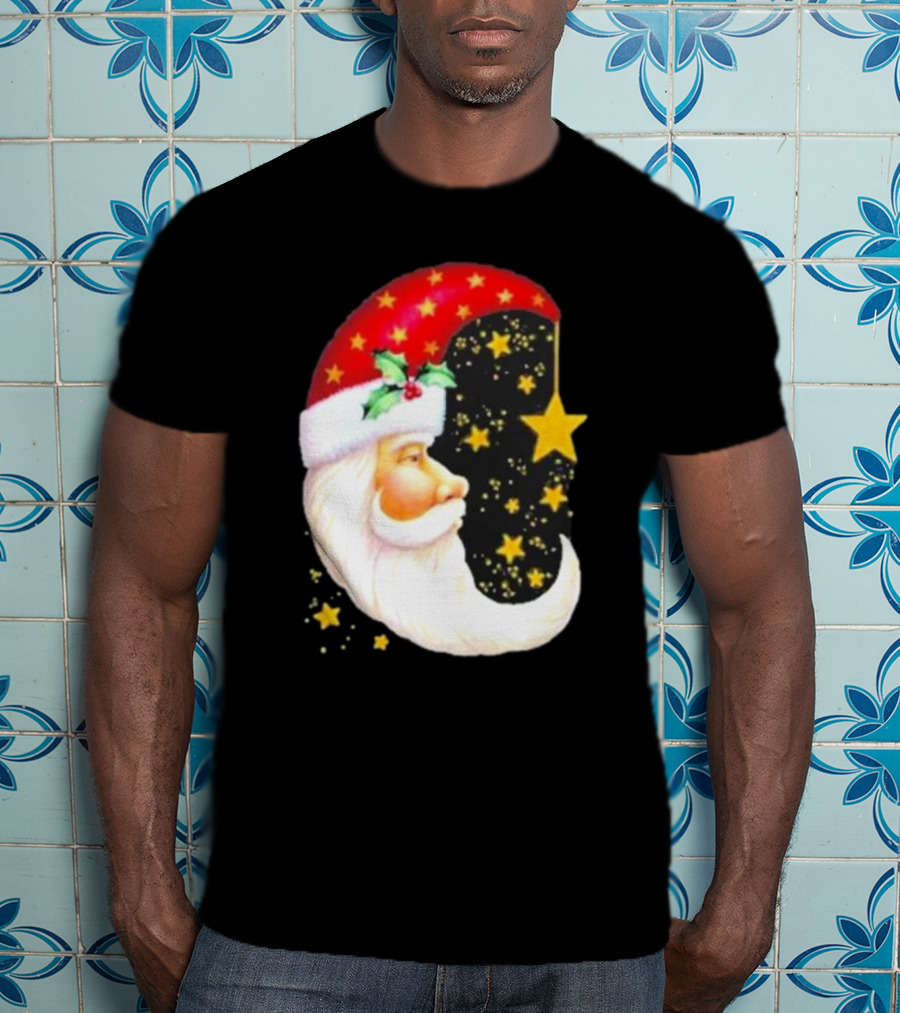 Christmas Santa Crescent Moon Starry Hat Print Crew Neck T-Shirt