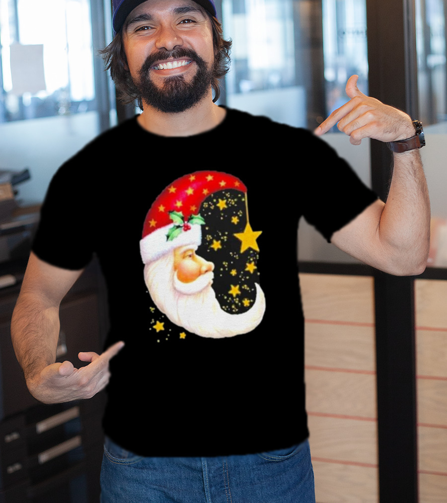 Christmas Santa Crescent Moon Starry Hat Print Crew Neck T-Shirt