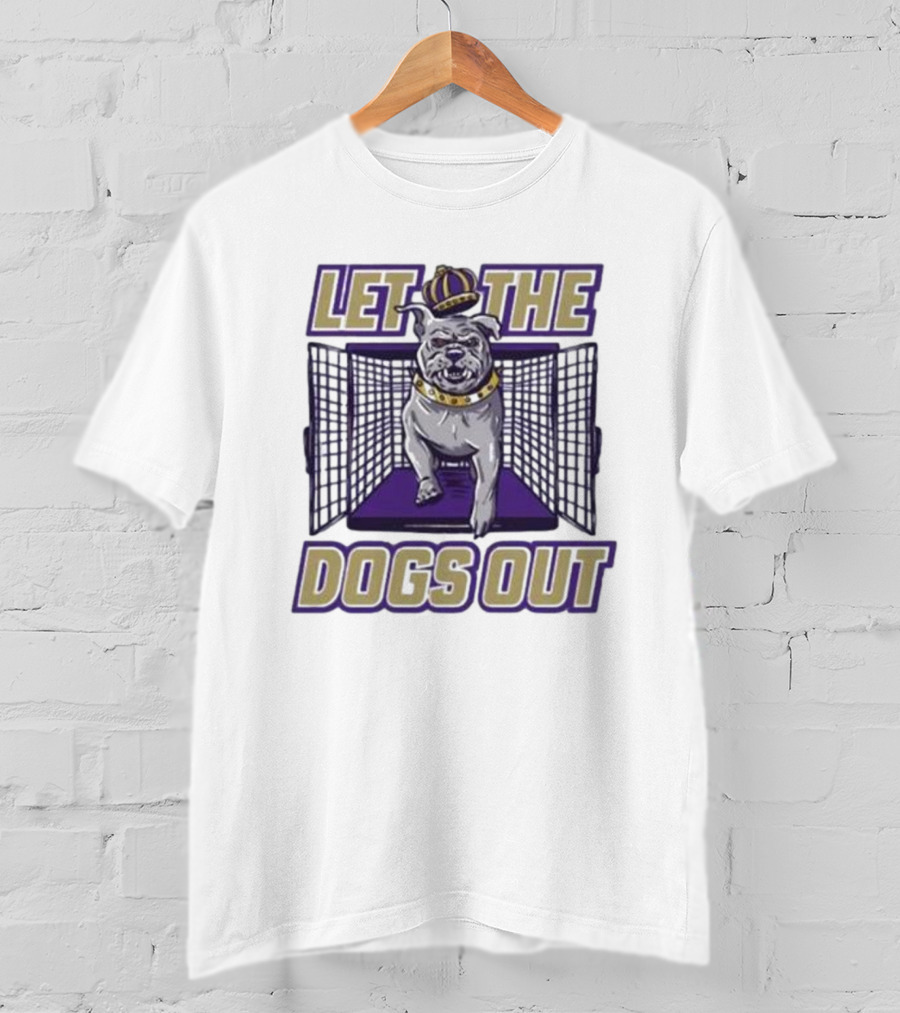LET THE DOGS OUT Bulldog Escaping With Crown From Purple Cage T-Shirt