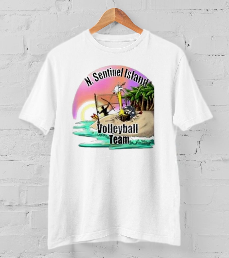 N. Sentinel Island Volleyball Team Sunset Beach Scene With Palms T-Shirt