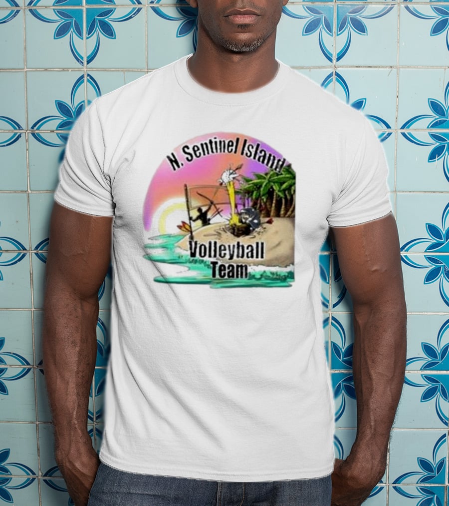 N. Sentinel Island Volleyball Team Sunset Beach Scene With Palms T-Shirt