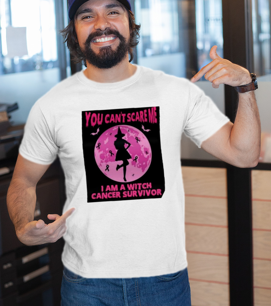 You Can’t Scare Me I Am A Witch Cancer Survivor Pink Moon Bats Ribbons T-Shirt
