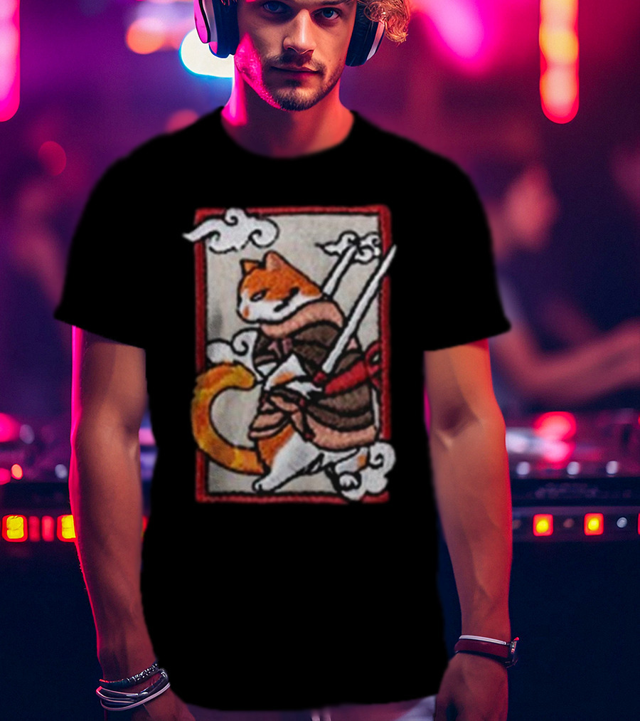 Loky Rain Loky Samurai Cat In Traditional Armor With Swords And Clouds T-Shirt