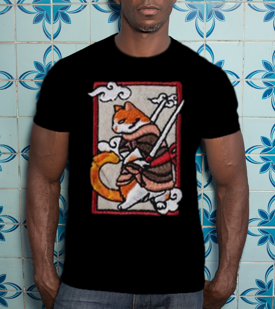 Loky Rain Loky Samurai Cat In Traditional Armor With Swords And Clouds T-Shirt