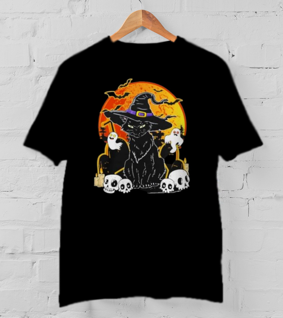 Black Cat Witch Skull Cemetery Blood Moon Halloween Ghosts T-Shirt