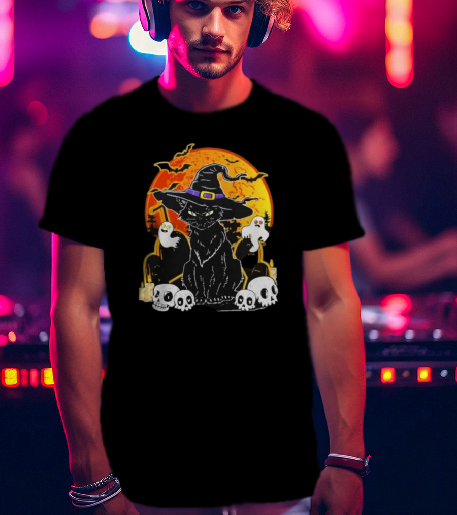 Black Cat Witch Skull Cemetery Blood Moon Halloween Ghosts T-Shirt