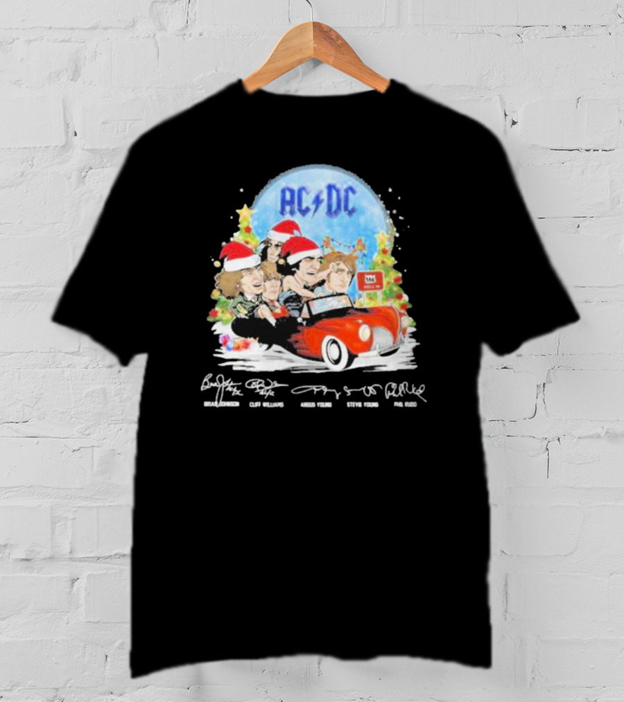 ACDC Band Members In Santa Hats Merry Christmas Signatures On Car With Highway To Hell Sign T-Shirt