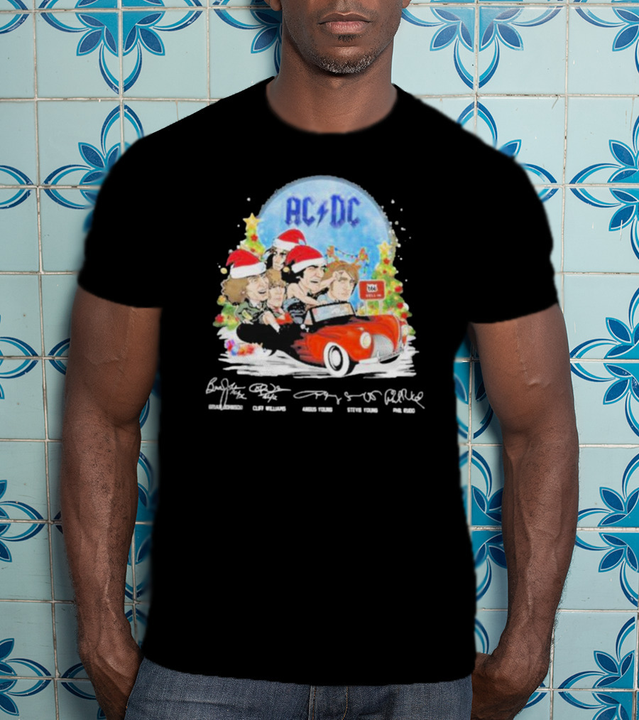 ACDC Band Members In Santa Hats Merry Christmas Signatures On Car With Highway To Hell Sign T-Shirt
